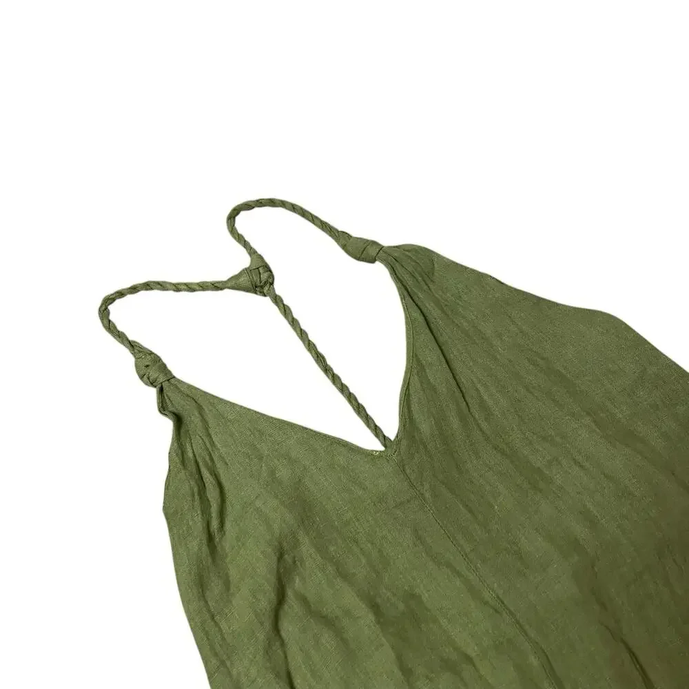 Zara Jumpsuit L Green Linen Palazzo Wide Leg Boho Cropped‎ Lagenlook